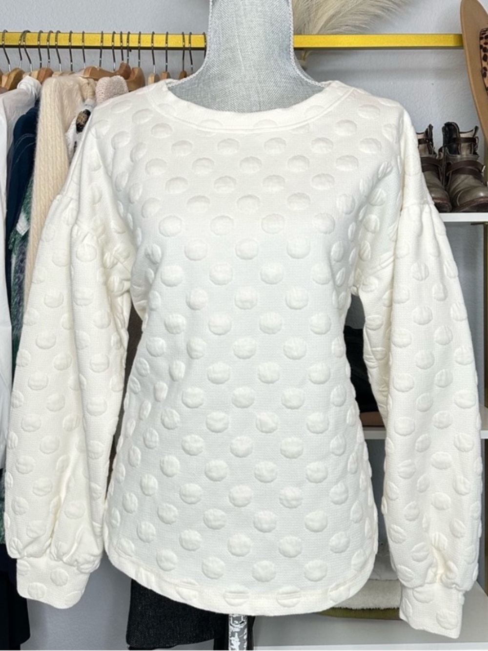 DownEast white cotton blend polka dot balloon sleeve vintage retro funky sweater